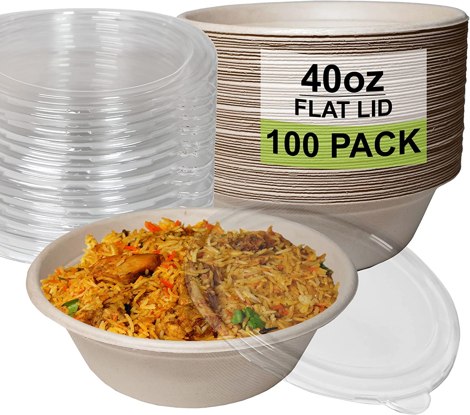 [100 Pack] 40 oz Round Disposable Compostable Paper Bowls with Lids HeavyDuty, EcoFriendly