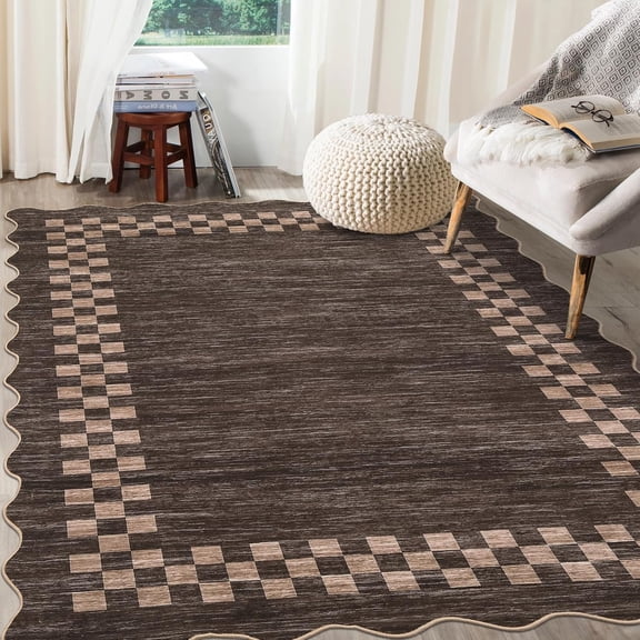 8x10 Washable Area Rug for Living Room Modern Scalloped Border Low Pile Non Slip Soft Carpet for Bedroom Dining Room Office,brown