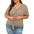 thumbnail image 4 of Cueply Womens Plus Size Tops Short Sleeve V Neck Waffle Knit Tunic Blouse Tie Front Button up T Shirts, 4 of 8