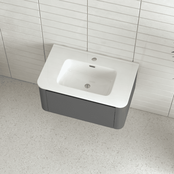 30" Grey Wall Mounted Bathroom Vanity, Floating Drawer, White Ceramic Basin