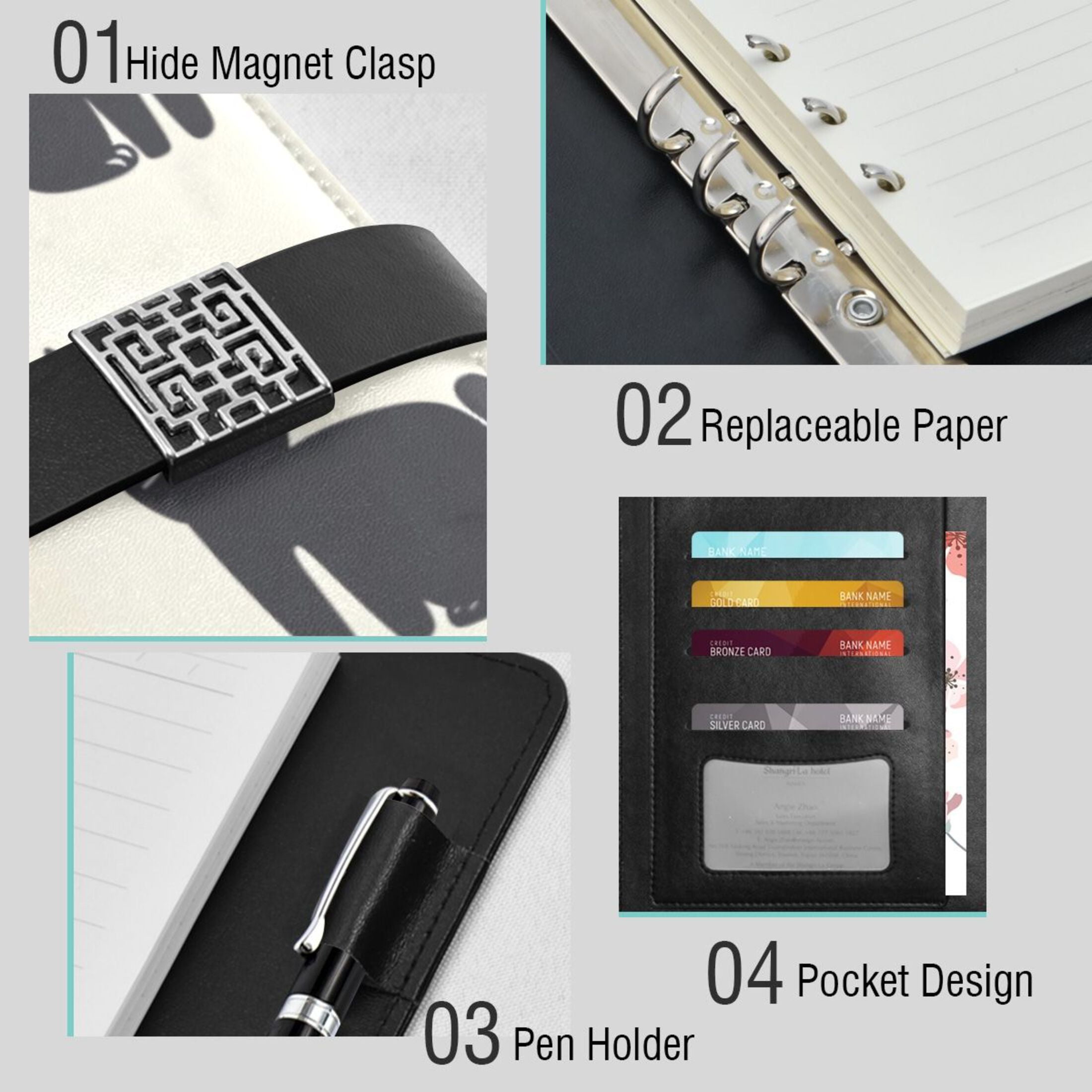 Leather Planner Leather Notebook Notebook Journal Binder Design Pen Pocket Design Convenient for Storage Cartoon Cute Black Cat