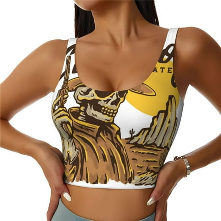 Adobk Skull Cowboy Print Sports Bras for Women Longline Workout Crop Tank Tops Padded with Built in Shelf Padded Sports Bra-Large