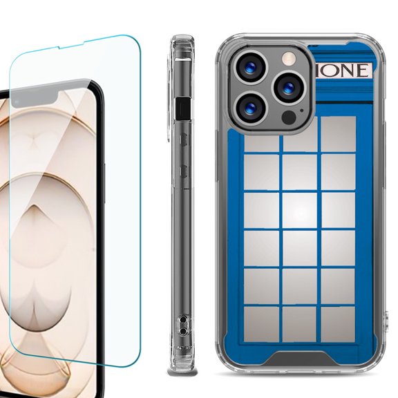 Shockproof Bumper Phone Case for iPhone 13 Pro Max, with Tempered Glass Screen Protector, by OneToughShield ® - Phone Booth Blue