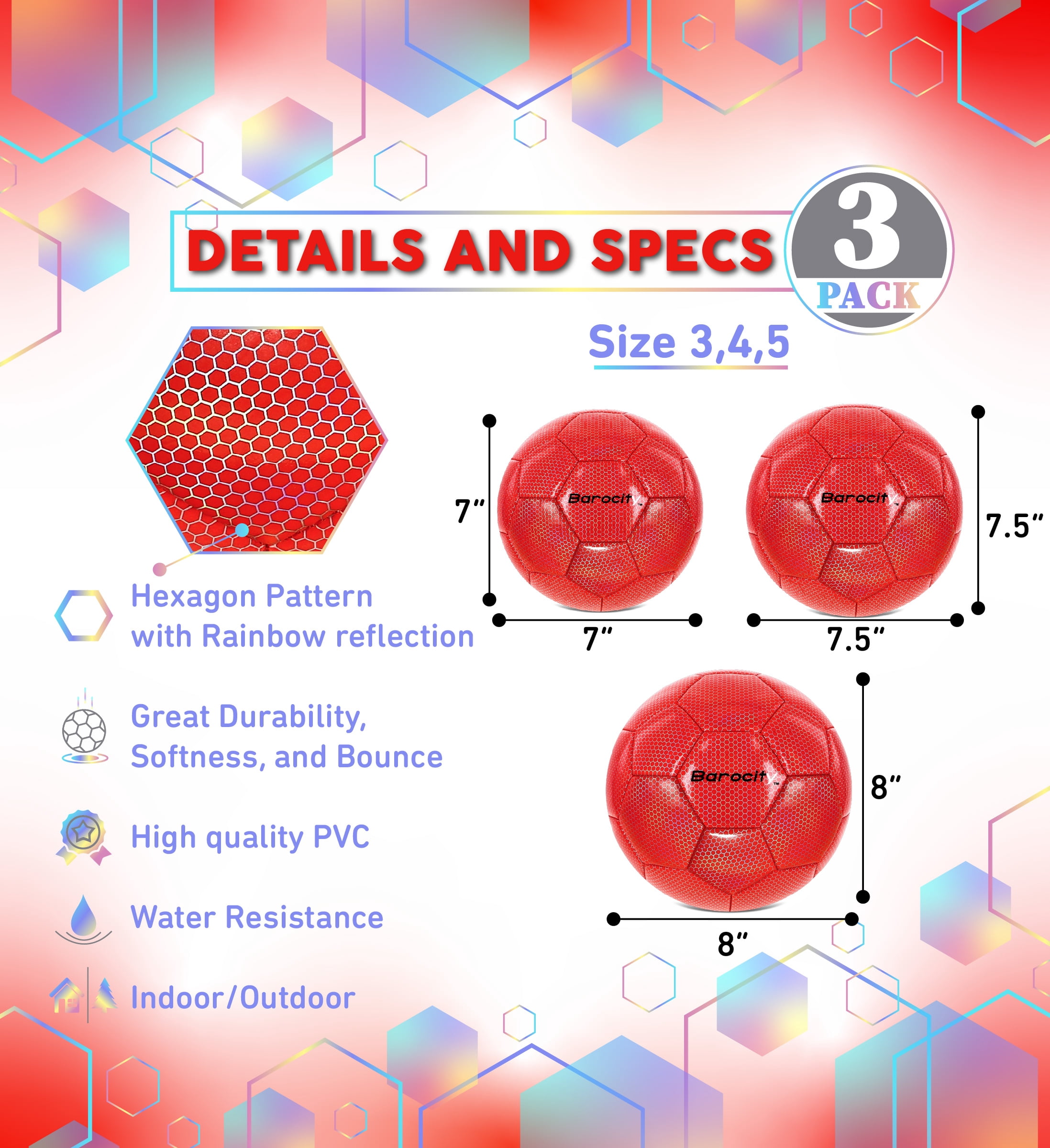 Barocity Iridescent Soccer Balls Set of 3 - Mixed Sizes Red Official Match Balls with Reflective Hex Pattern, Sport Soccer Balls for Indoor and Outdoor Training and Practice Games- Sizes 3, 4, and 5