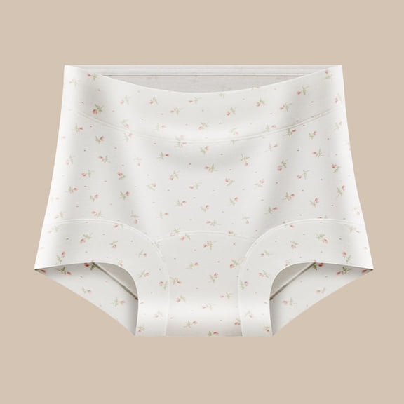 Womens 100% Cotton High Waisted Underwear Floral Print Breathable Briefs Tummy Control Full Coverage White,Size M