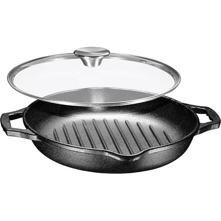 Enameled Deep Round Grill Cast Iron Griddle Pan with Glass Lid 10 Inch Non-Stick Round
