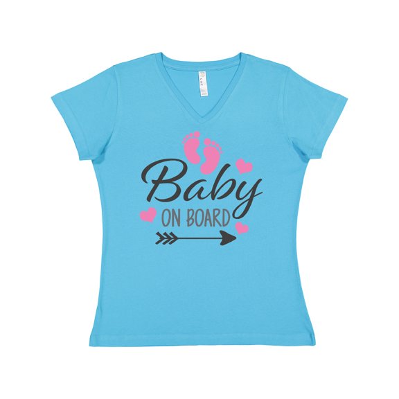 Inktastic Baby on Board with Arrow Pink Footprints and Hearts Women's V-Neck T-Shirt