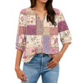 thumbnail image 6 of Women's Patchwork Floral 3/4 Sleeve Blouse - V-Neck Button Down Boho Tunic Top, Lightweight Casual Loose Fit Shirt for Spring Summer Dark Purple S, 6 of 6