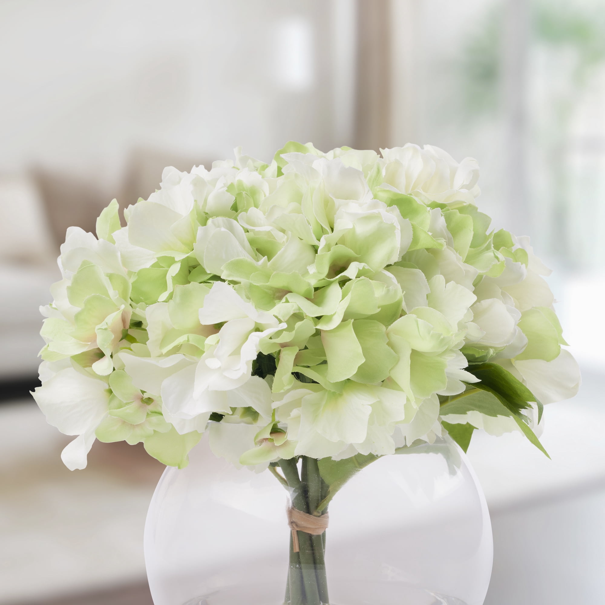 Pure Garden Green Hydrangea Faux Floral Arrangement in Clear Glass Vase