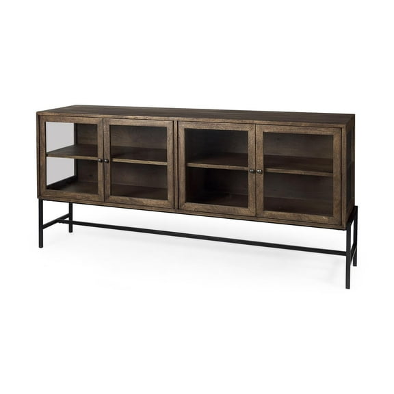 Mercana Arelius Metal Base 4 Glass Door Cabinet Sideboard in Medium Brown/Black