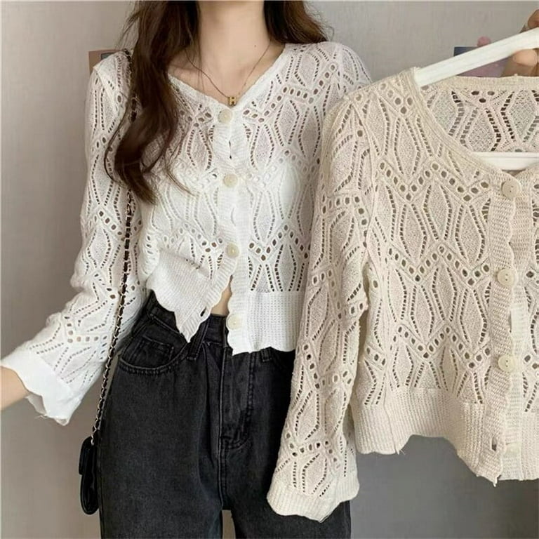 YCNYCHCHY Cardigan Women Hollow Out Thin Summer Sweet Preppy Style Solid  All-match Korean Fashion Femme Simple Chic Daily Mujer Tops 