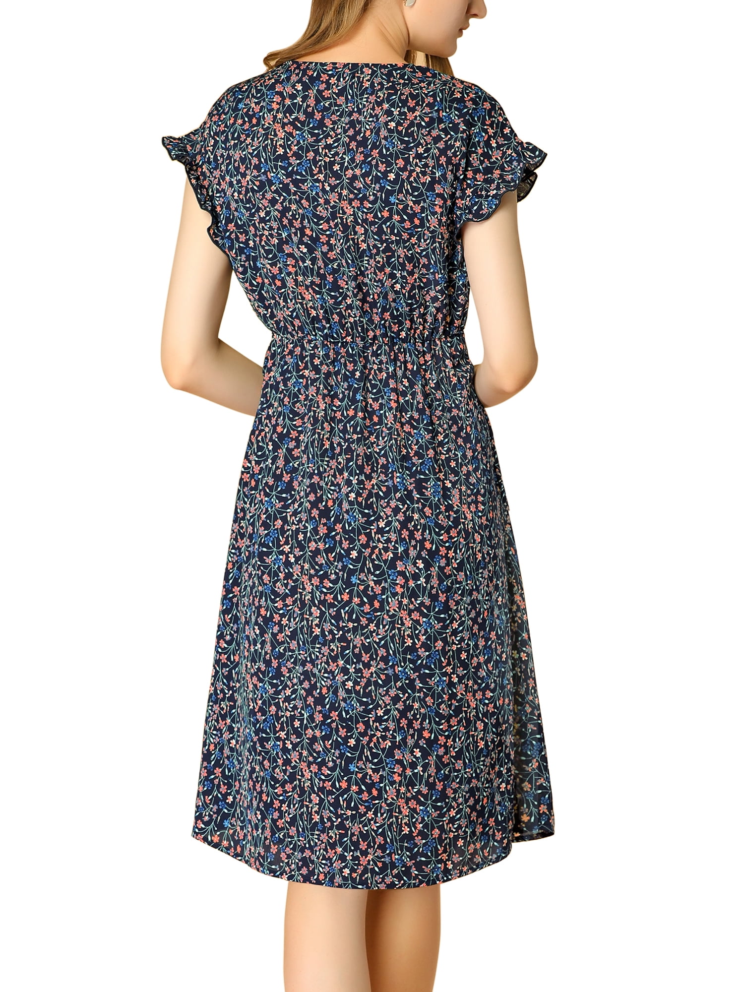 DARING DIVA V Neck Ruffle Trim Cuff Self Belt Printed Midi Wrap Dress M Blue