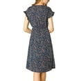thumbnail image 3 of DARING DIVA V Neck Ruffle Trim Cuff Self Belt Printed Midi Wrap Dress M Blue, 3 of 7