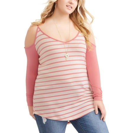 Poof! Juniors' Plus OPP Stripe Cold Shoulder Tee