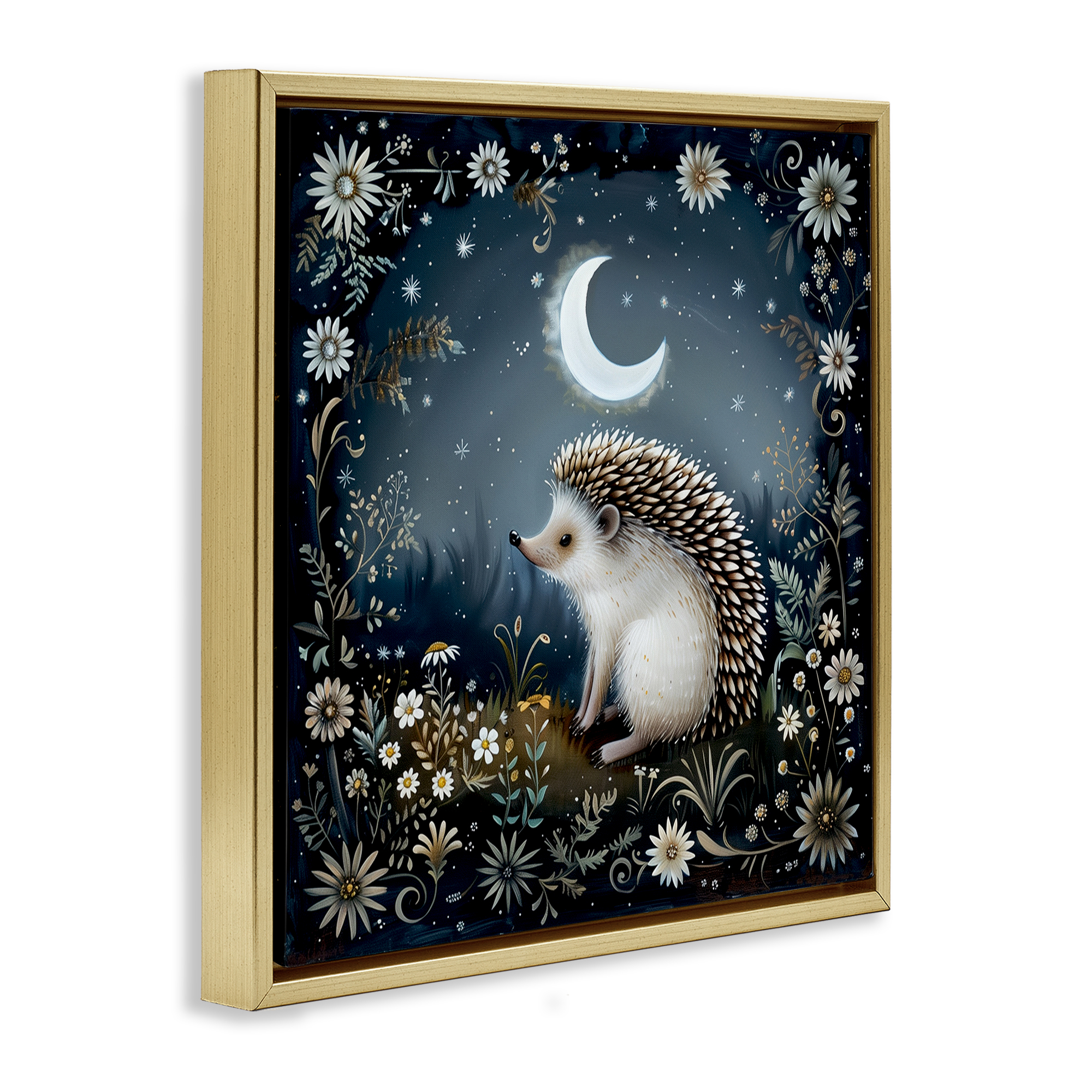 Stupell Industries Hedgehog Under Forest Moon Animals Painting Gold Floater Framed Canvas Art Print Wall Art, 25 x 25