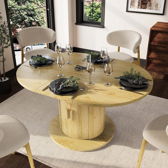 47-59 Inch Extendable Round Dining Table for 4-8, Expandable Oval Kitchen Table with Storage Shelves, Wood Dining Room Table with Pedestal Base