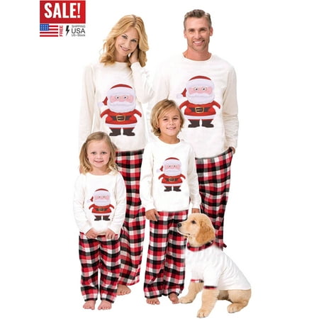 

Family Matching Christmas Pajamas Outfits Long Sleeve Santa Claus Cartoon Print T-Shirt Classic Plaid Trouser Pant Set