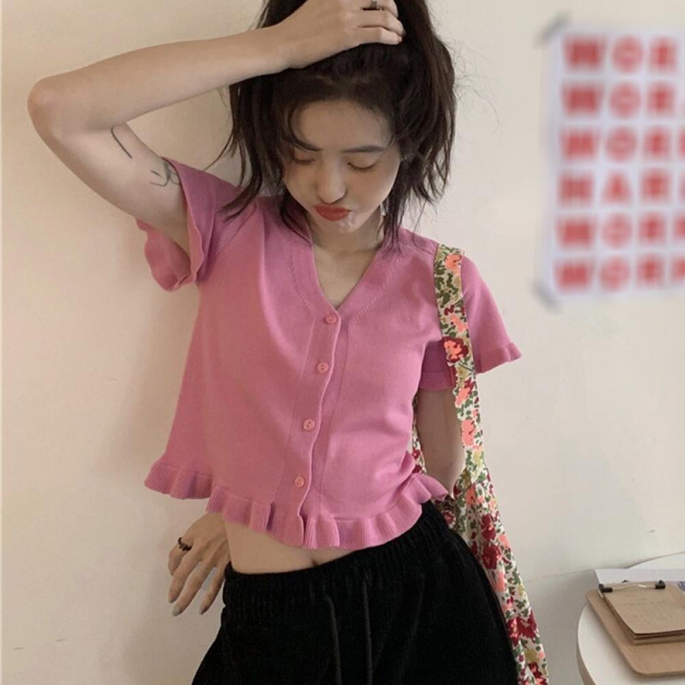 Big sales!!]knitted breathable t-shirt top women's V-neck ruffled