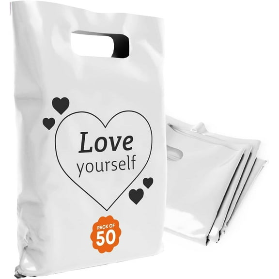 OPTIPAK Plastic Bags with Handles 16x18 Merchandise for Small Business,Die-Cut Retail Shopping & Boutique Bags,Gifts and Adult Goodie Bag,Vendor Event and Tradeshow Supplies,Love Yourself