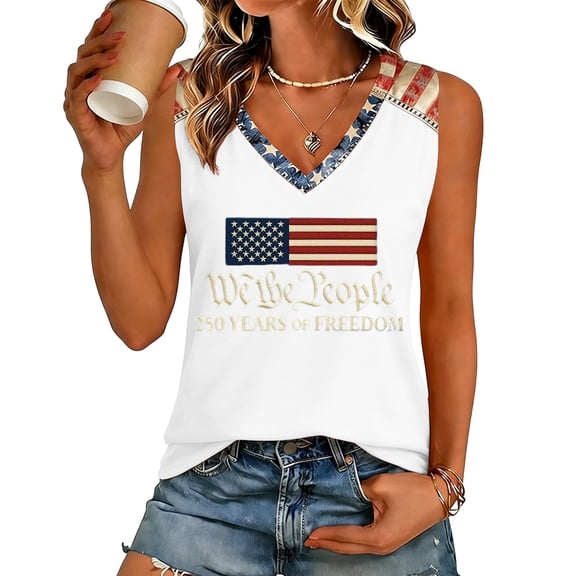 Fabrcox 1776-2026 Womens 4th of July Shirt Tank Tops Sleeveless Flag Print 250 Th Anniversary of USA Shirt V Neck Commemorative Freedom Patriotic Shirts for Women White L