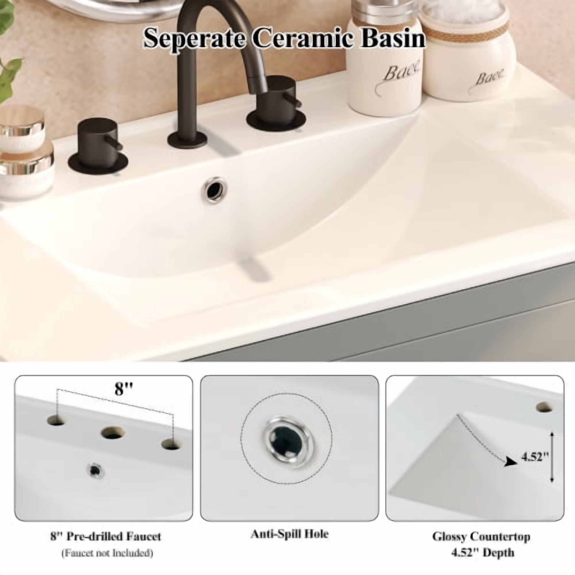 60 inch Double Sink Bathroom Vanity Set, Two Separate Ceramic Sinks Vanity, Modern Bathroom Cabinet with Soft Close Drawers, Gray