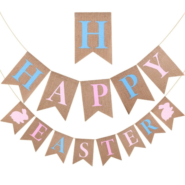 Honganda Easter Bunny Burlap Banner Funny Rabbit Swallowtail Flags Hanging Decoration for Door Tree Home Party