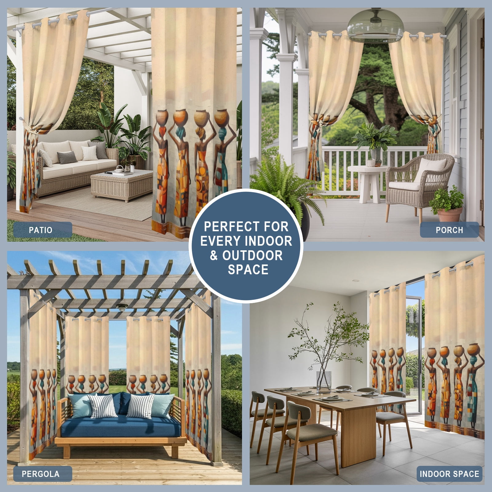 African American Outdoor Curtains for Patio, Black Woman Dress African Tribe Sunshade Privacy Drapes Grommet Waterproof Outside Curtains for Porch/Cabana/Balcony 54"x 108", 1 Panel