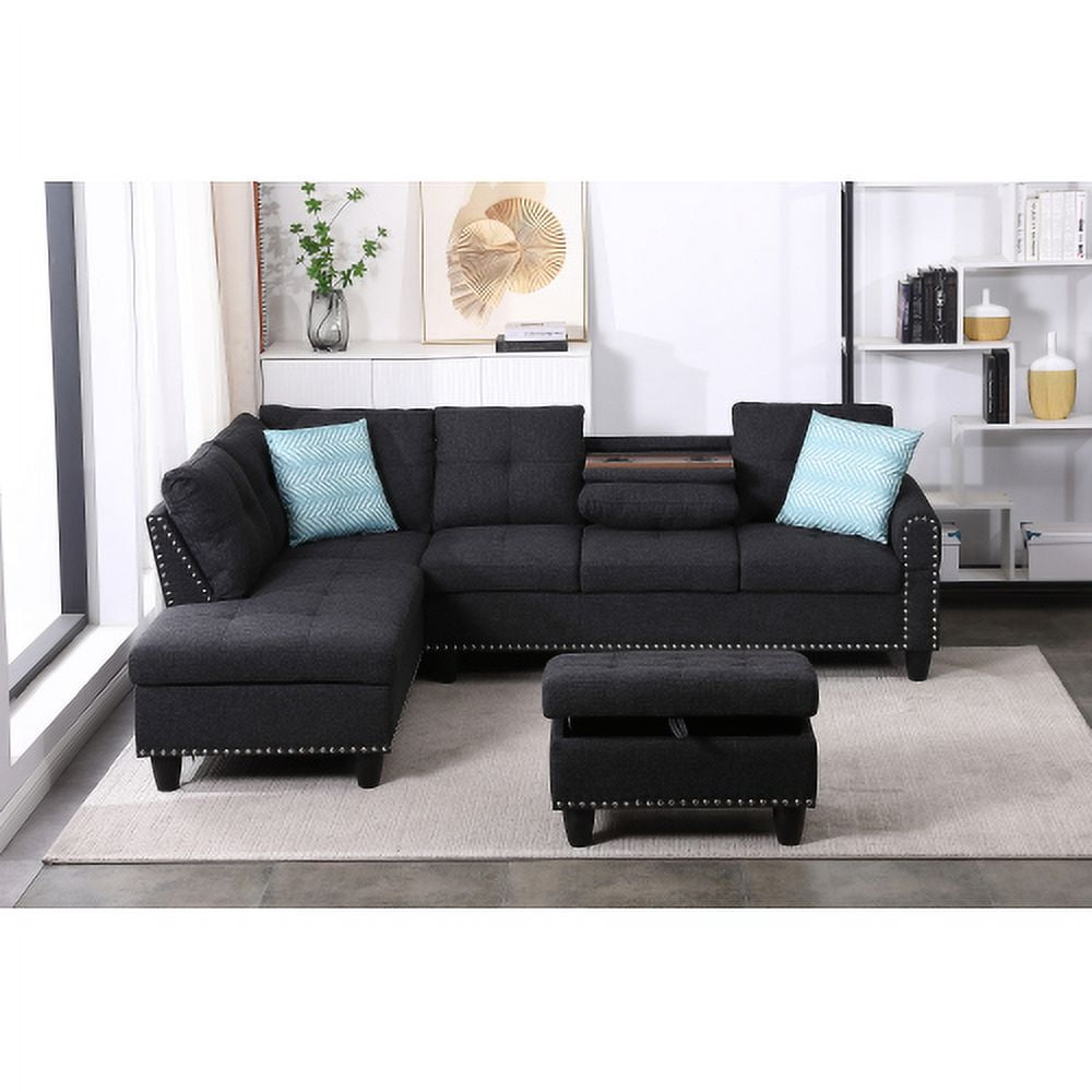 BSHTI Charcoal Gray Linen L-Shaped Sectional Sofa with Reversible Storage Chaise for Living Room, Storage Ottoman & Cup Holders, 3-Seat Contemporary Couch