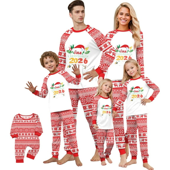 Family Christmas Pajamas Matching Sets – Red & White Snowflake Long Sleeve Tops and Pants with “Merry Christmas 2026” Letter Print, Holiday Xmas PJs Sleepwear for Couples, Men, Women, Adults