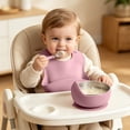 thumbnail image 2 of Guodhu Stainless Steel Plate with Suction Base Feeding Set Non Slip Silicone Suction Bowl Bib Fork Spoon Set Kids Dinnerware Red(Hot Pink), 2 of 6