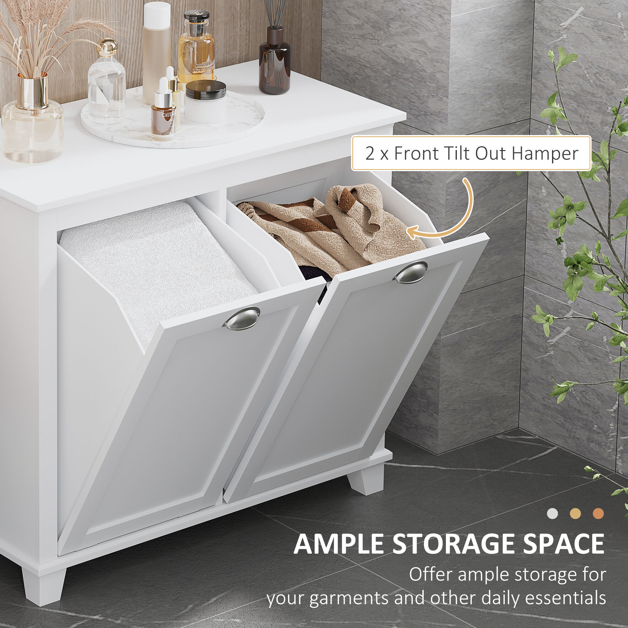 30" White Laundry Sorter Cabinet - Tilt-Out Hamper with 2 Storage Bins for Bathroom