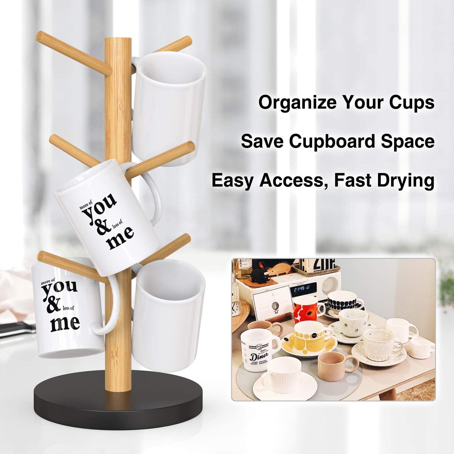 Porte-tasses En Bois Avec 6 Crochets - Arbre à Mugs Design Pour Cuisine - Organisateur Réutilisable