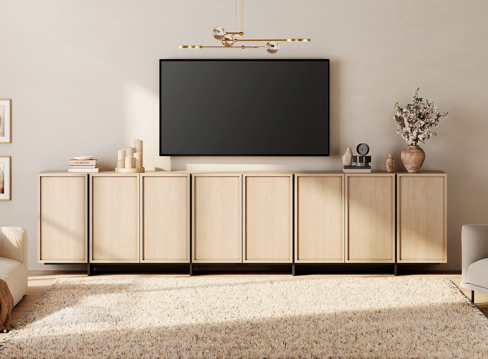 WAMPAT Modern TV Stand - Entertainment Center Console for 110" TVs, with 8 Closed Storage Doors & T-Shaped Wood Legs, Media Cabinet for Living Room & Bedroom，Beige