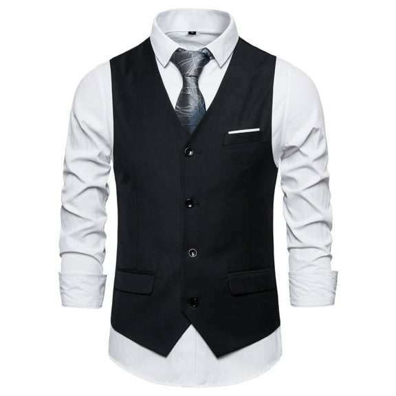 SWSMCLT Men's Suit Vest Business Formal Jacket Casual Lightweight Button Down V Neck Sleeveless Tuxedo Dress Waistcoat Slim Fit Western Vests Black 42