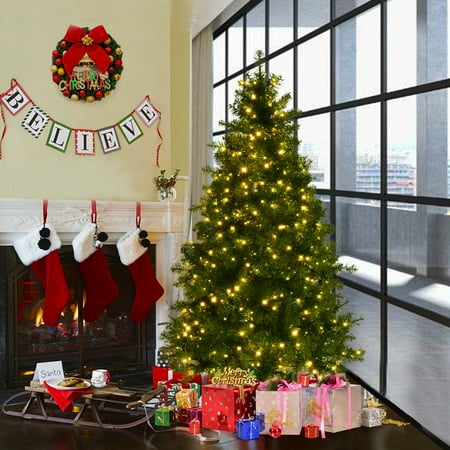 Christmas Tree With Led Changing Lights Costway 6FT/7FT/8Ft Pre-Lit Artificial PVC Christmas Tree Spruce Hinged w/560/700/880 LED Lights & Stand ()