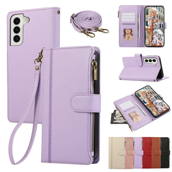Compatible with Samsung Galaxy S22 Wallet Case and Wrist Strap Protector PU Leather Flip Credit Card Holder Purse Stand Cell Accessories Shockproof Phone Cover for Women Men,Purple