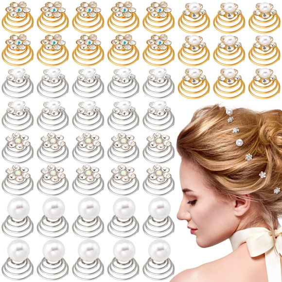 OIIKI 50 pinzas para el pelo con cristales brillantes y diamantes de imitación, accesorios decorativos en espiral con forma de flor y perlas para novia, dama de honor, boda, fiesta de graduación (5 es