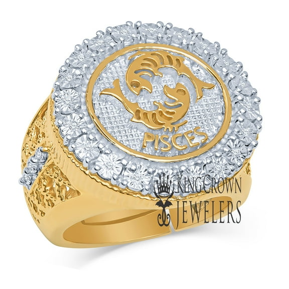 Mens Real Genuine Diamonds Pisces Fish Zodiac Sign Astrology Horoscope Ring 10K Gold Finish Pinky Band