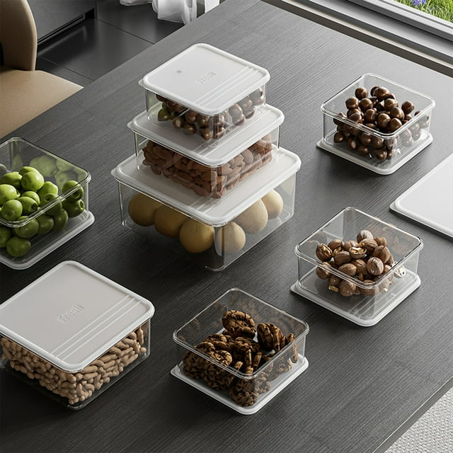 COFEST Space-Saving Stackable Transparent Plastic Food Storage Containers, Multipurpose Kitchen Organizer for Snacks, Fruits, and Vegetables with Lid, Set of 3 Sizes White