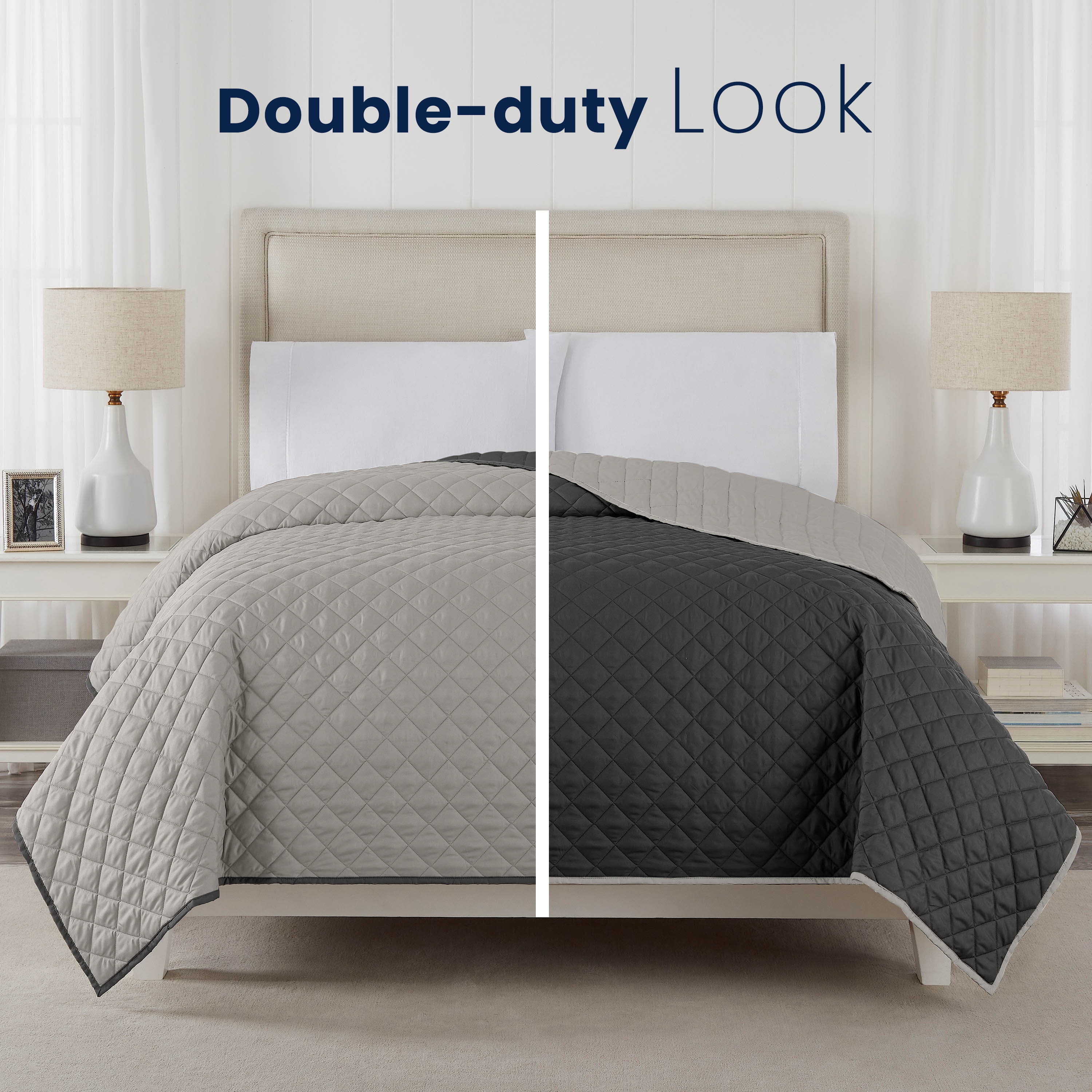 Martex Reversible Microfiber Twin Coverlet, Soft Breathable Bedding, Light Grey/Graphite