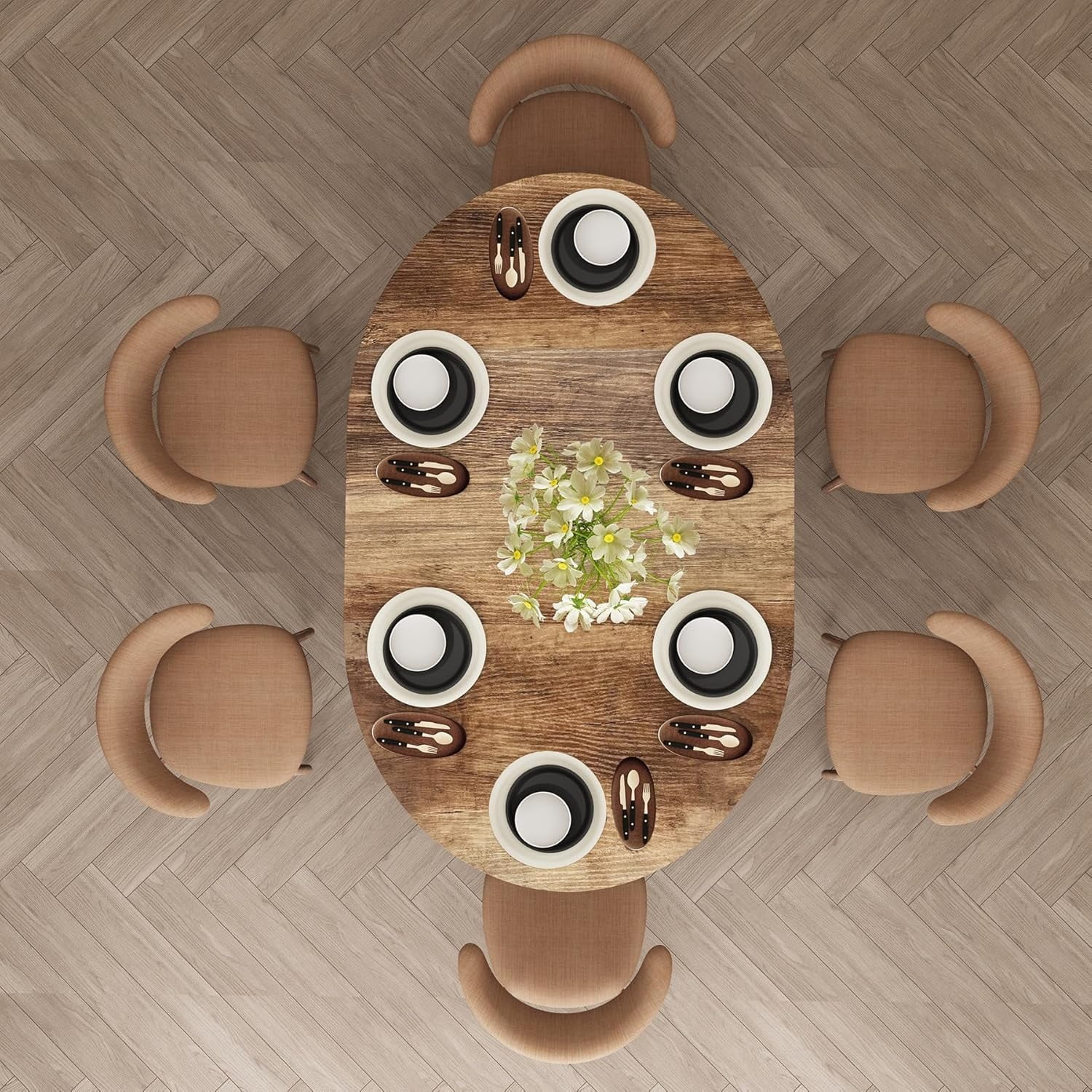 59-inch Extendable Round Dining Table for 4-6 People,  Large Oval Wood Top Kitchen Dinner Tables for Dining Room, Black Brown