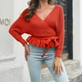 thumbnail image 2 of SGMVNU Women's Fall 2025 Wrap V Neck Long Batwing Sleeve Belted Waist Ruffle Knitted Sweater Pullover Top Fashion Fall Outfit Red, Size S, 2 of 9