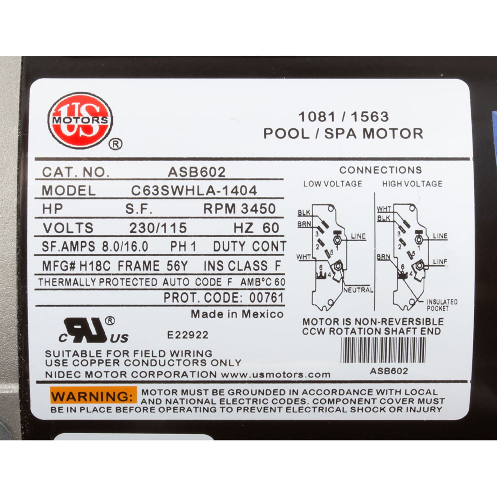 Motor, Nidec/US Motor, 1.5hp, 115v/230v, 1-Spd, 56Y Frame