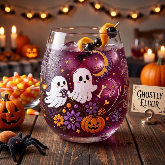 VAIFTILNO Halloween Decorations Halloween Printed Stemless Glass Cup. Spooky Witch Ghost Crow Clear Stemless Wine Glass For Party Drinks
