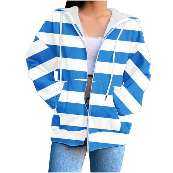 TFEOQRY Women's Drawstring Striped Hooded Sweatshirt Jackets Long Sleeve Zipper Tops Sweatshirt Pockets Hoodied Blue
