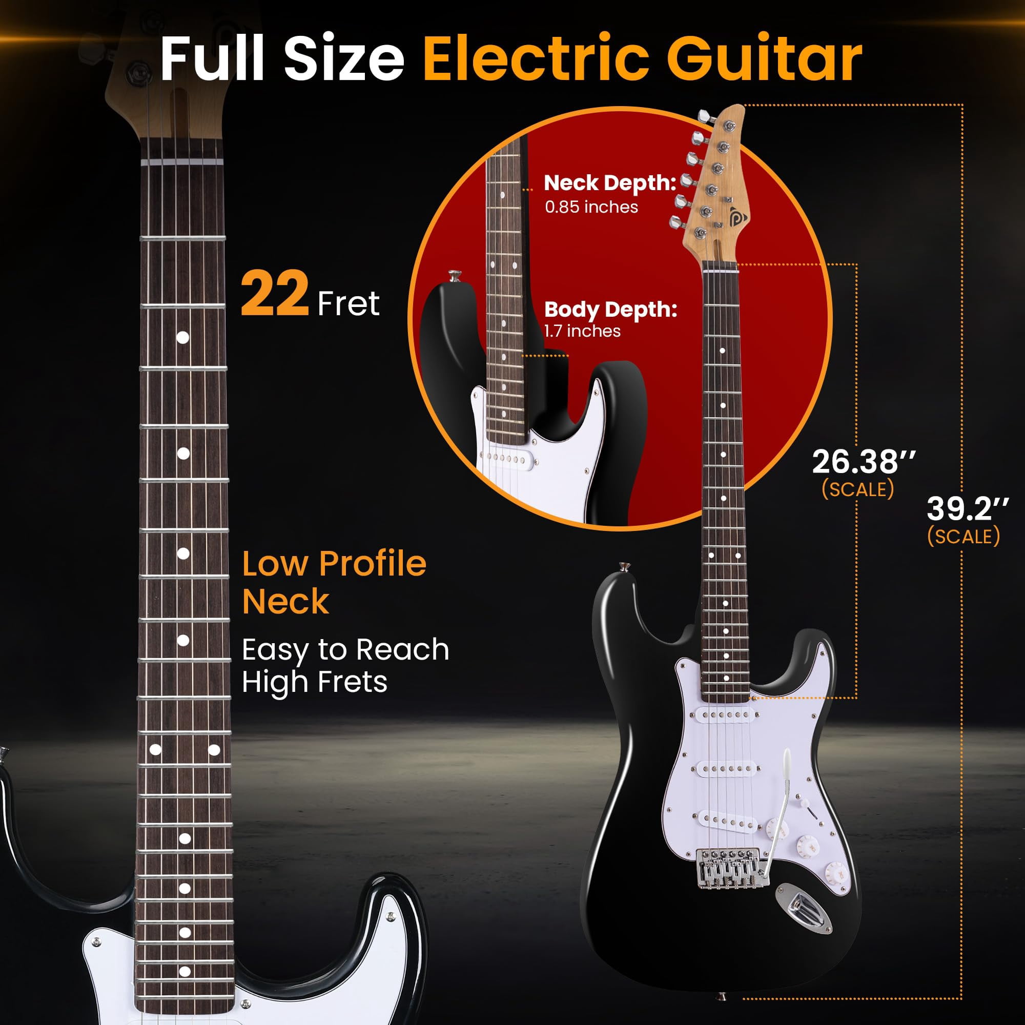 Pyle Full Size Electric Guitar Kit with 5W Amplifier, Gig Bag, Picks, Spare Strings, and Strap, ST-Style Beginner Guitar Bundle with 22 Frets, Paulownia Wood Body, Black