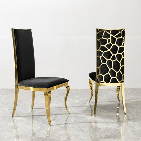 Black Velvet Dining Chairs with Unique Design Backrest Set of 2, Modern Mirror Gold Stainless Steel Legs for Home Dining