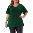 thumbnail image 1 of Blusas de mujer de tallas grandes Agnes Orinda, camiseta de manga corta con escote en V metálico, tops para fiesta 4X verde, 1 of 6