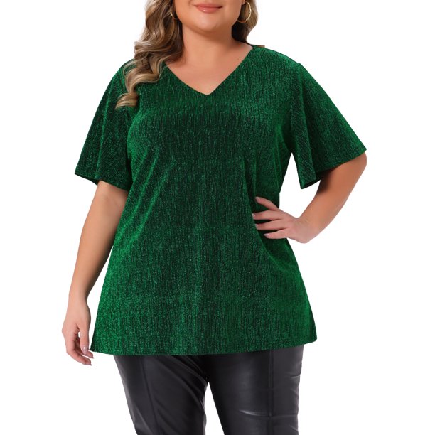 Blusas de mujer de tallas grandes Agnes Orinda, camiseta de manga corta con escote en V metálico, tops para fiesta 4X verde