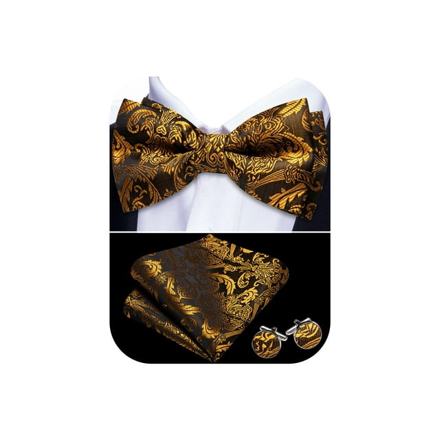 Pajarita Barry.Wang Oro Negro con Flores de Seda para Hombre